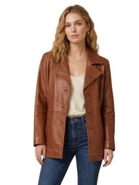 NWT Decrum Women's Cognac Leather Button-Front Jacket Blazer